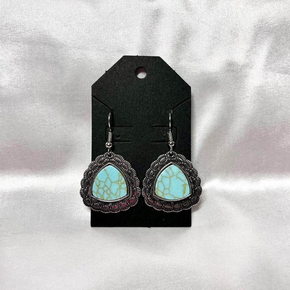 Western Imitation Turquoise and Antique Silver tone Dangle Earrings - Handmade